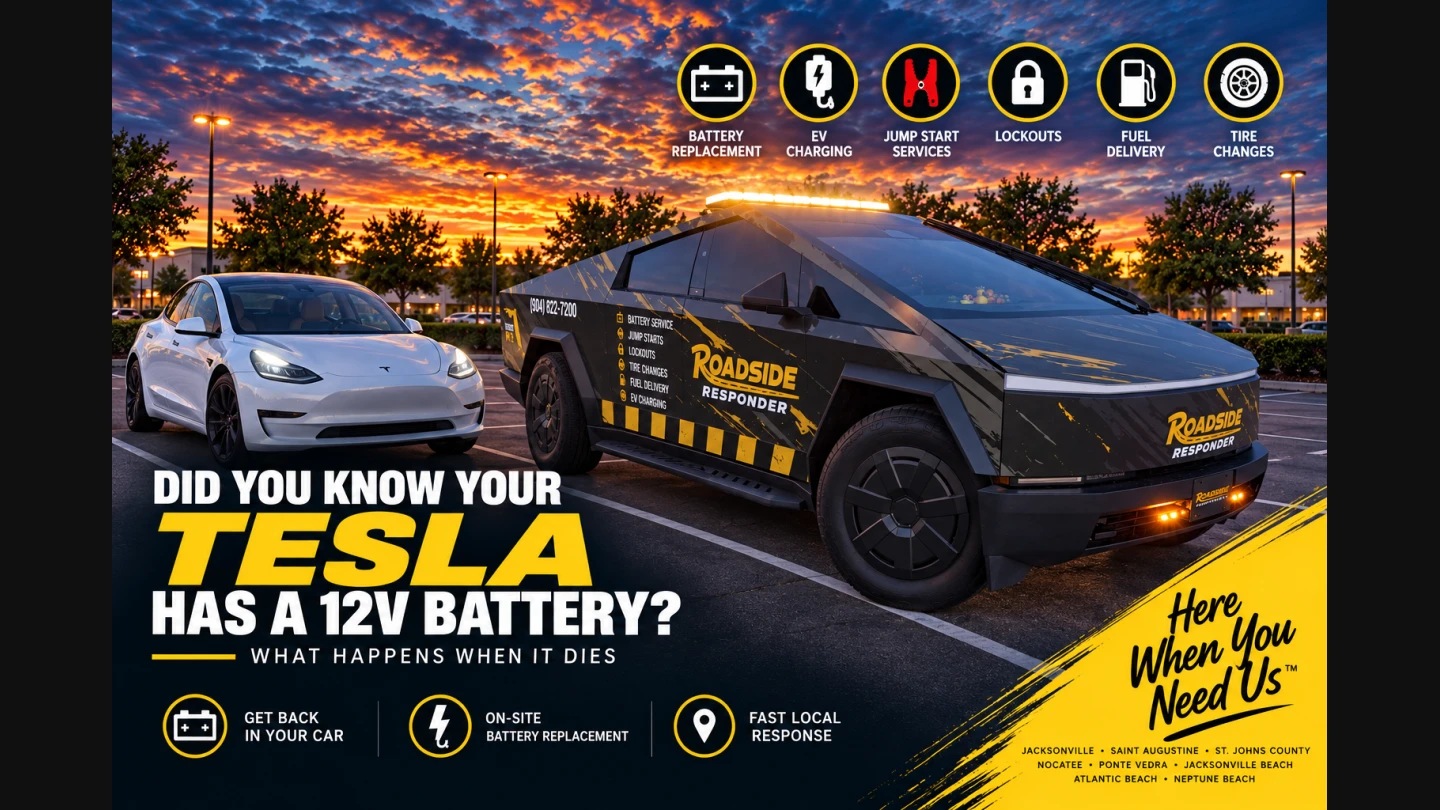 Roadside Responder providing mobile battery assistance to a Tesla in Northeast Florida