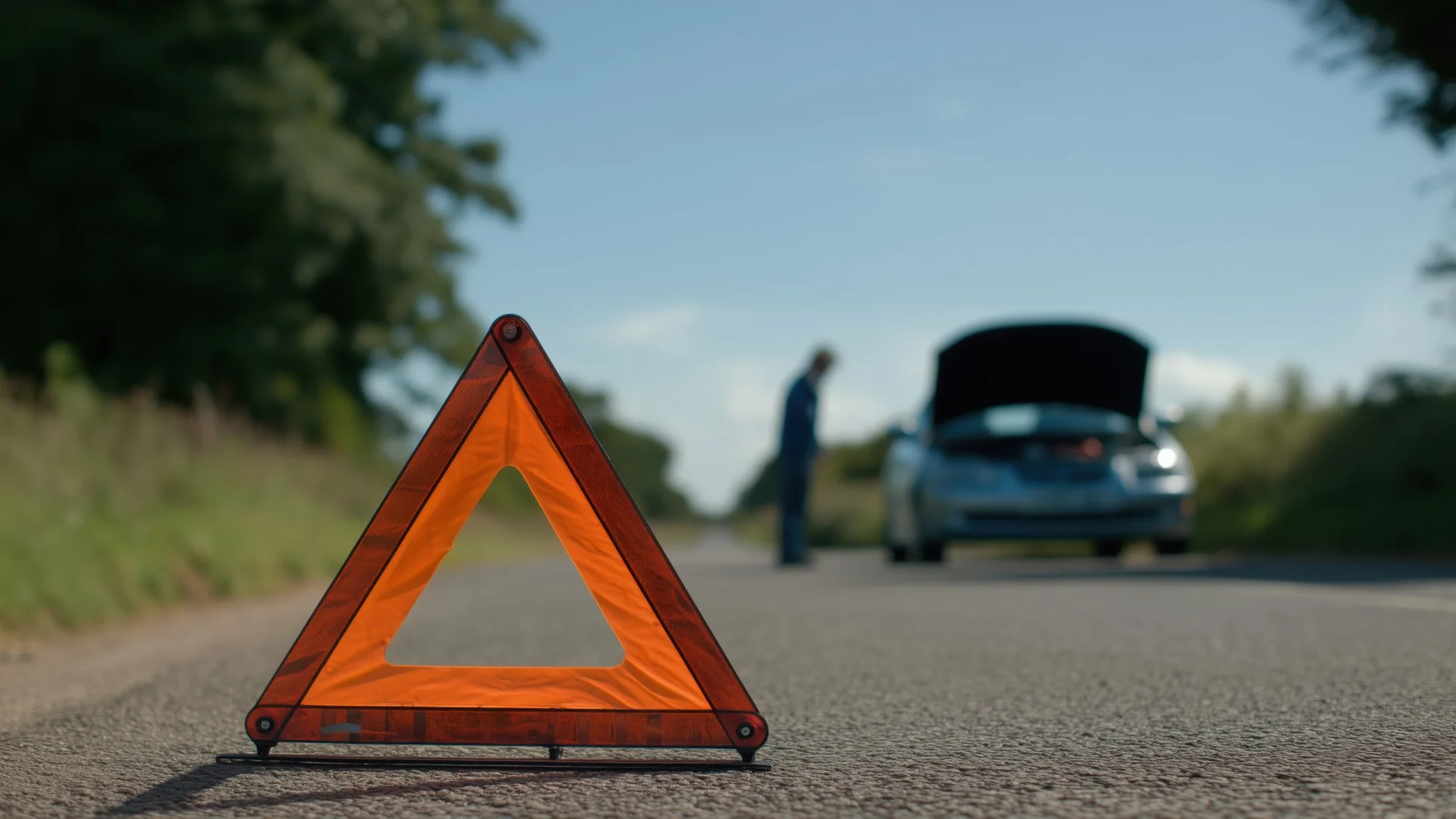 Roadside warning triangle placed near a disabled vehicle