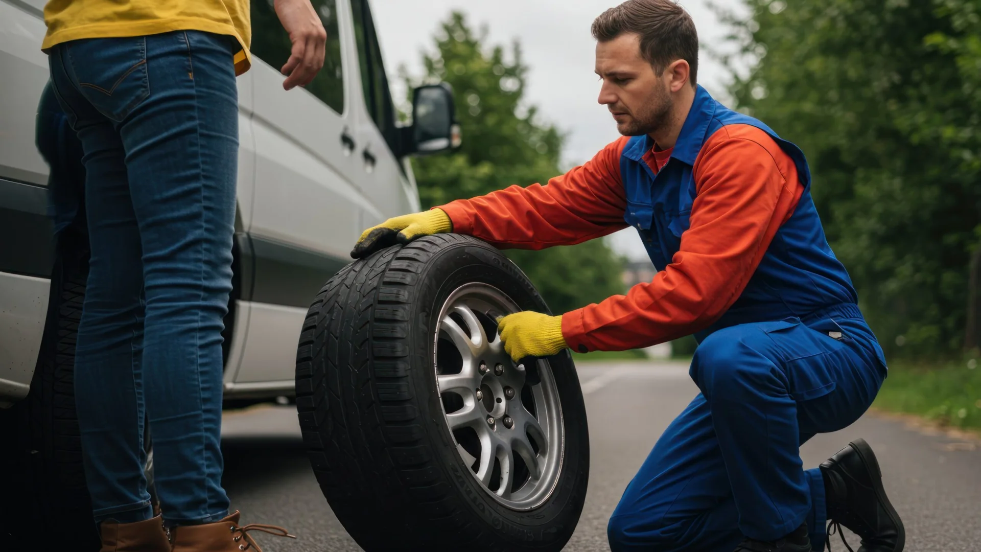 Technician changing a flat tire on the roadside