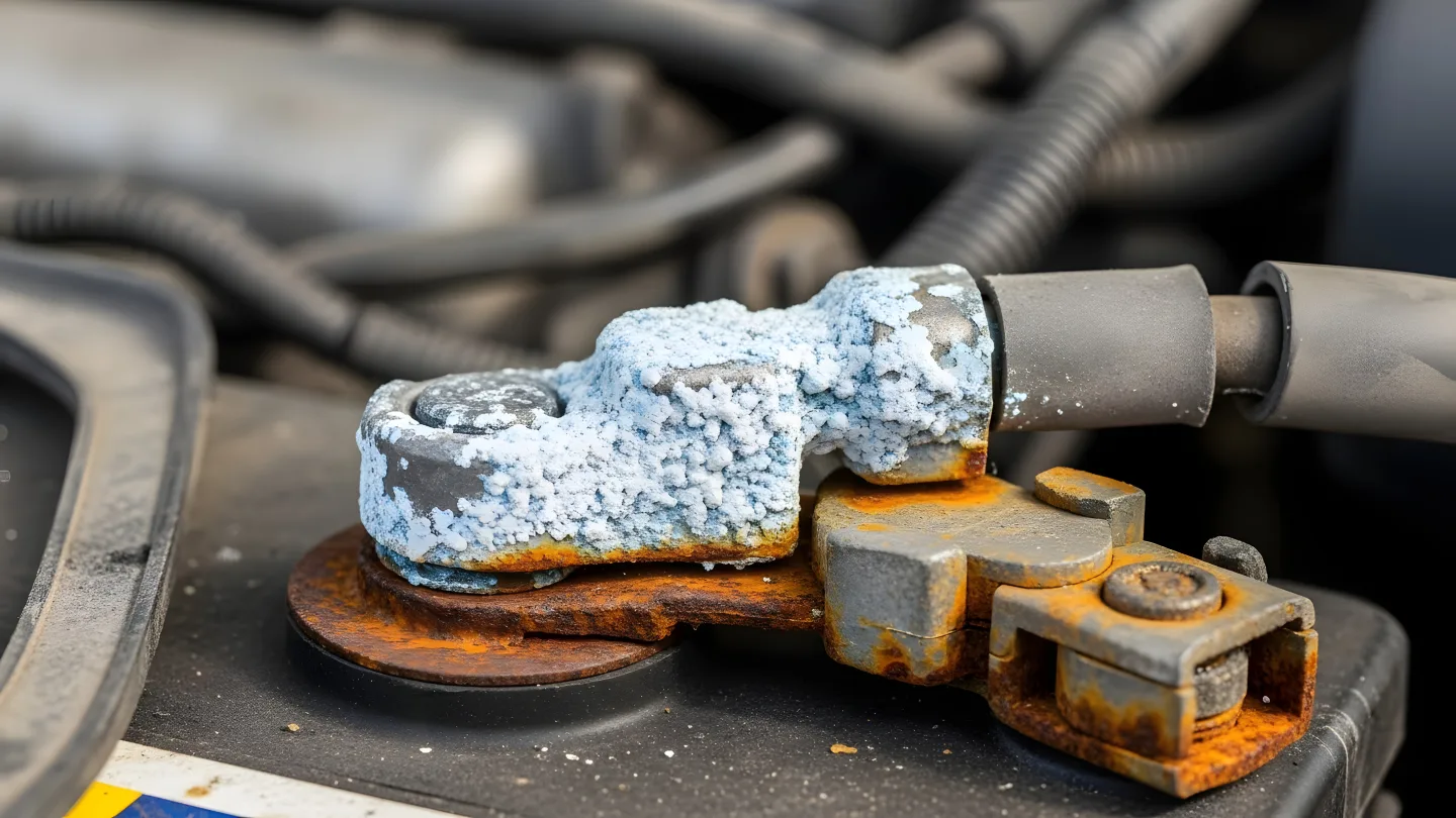 Corroded car battery terminal showing battery wear